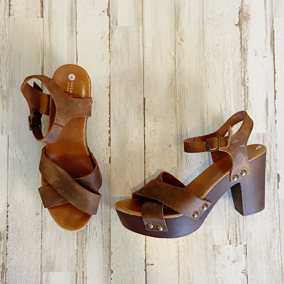 Mila Paoli Shoes - Mila Paoli | Womens Brown Leather Strap Platform Sandals | Size: 9.5